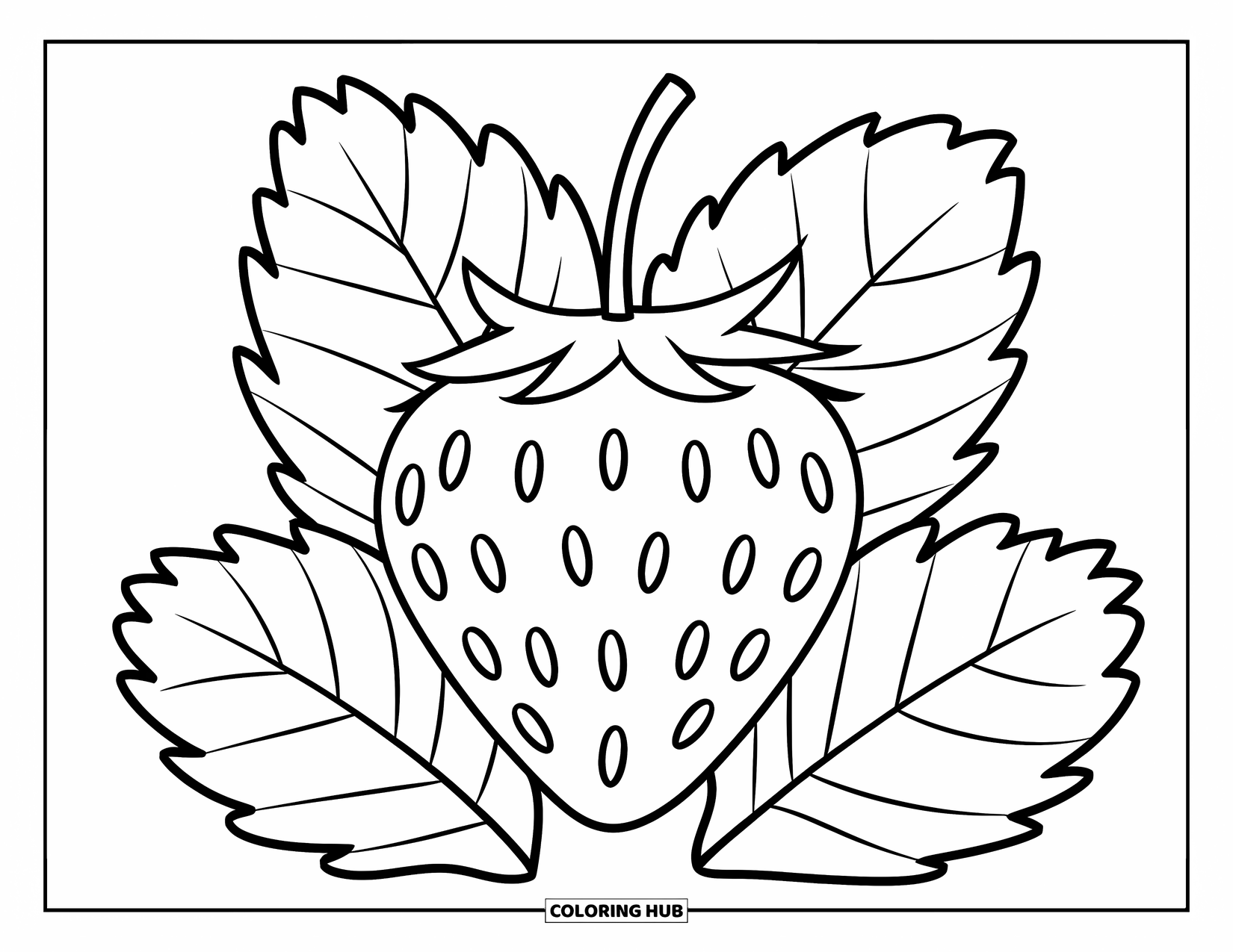 Strawberry Coloring Page for Kids: A plump strawberry with bold outlines and three large leaves on top