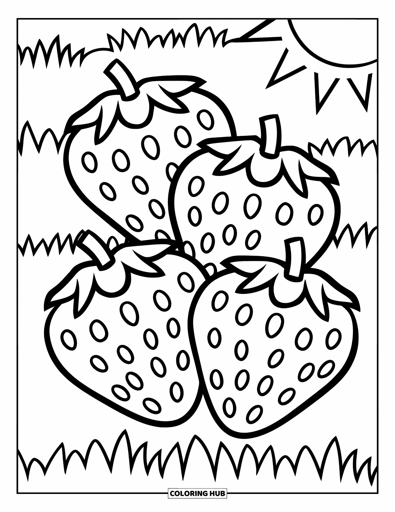 Strawberry Coloring Page for Kids: A row of three strawberries in a sunny field with simple, playful details