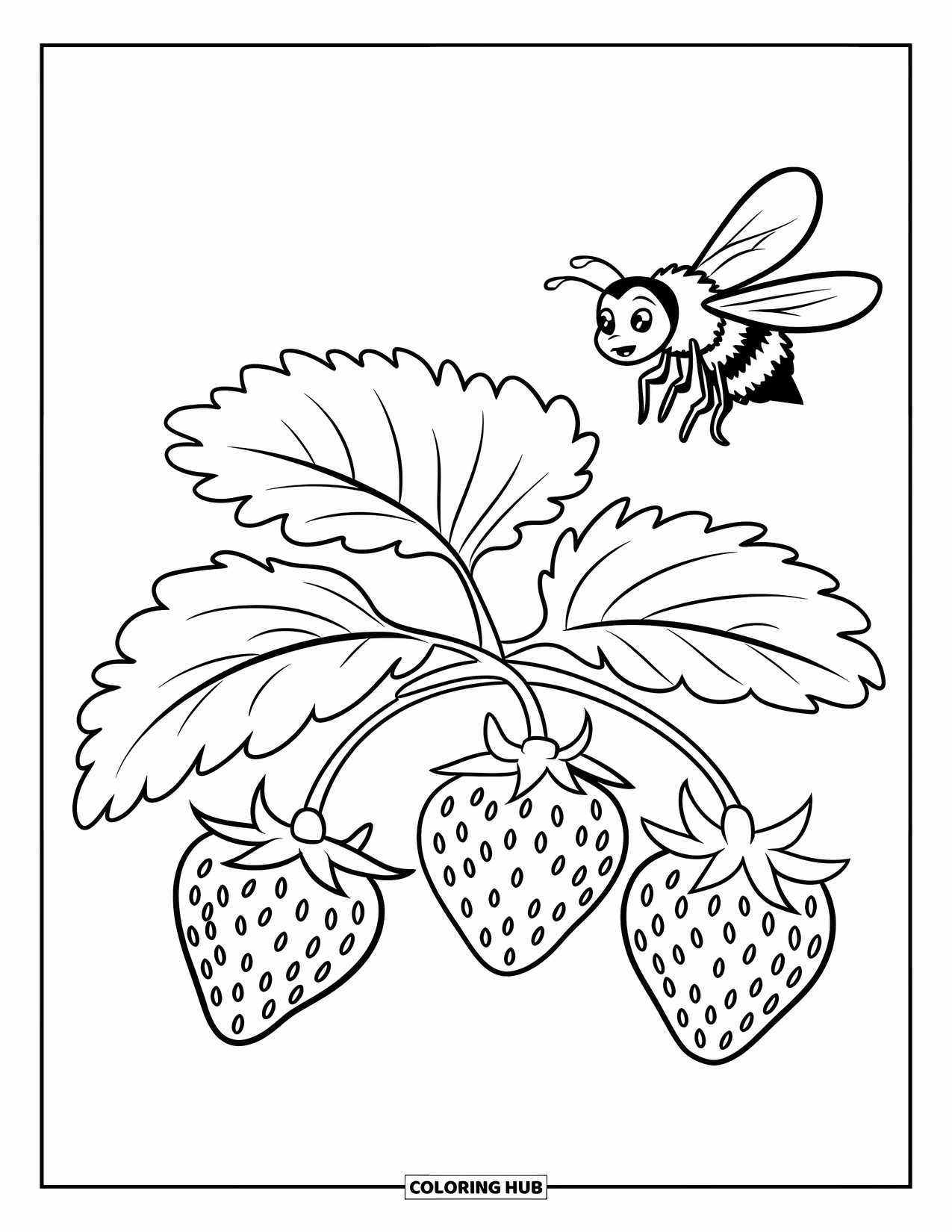 Strawberry Coloring Page for Kids: A small strawberry plant with bright leaves and a buzzing bee nearby