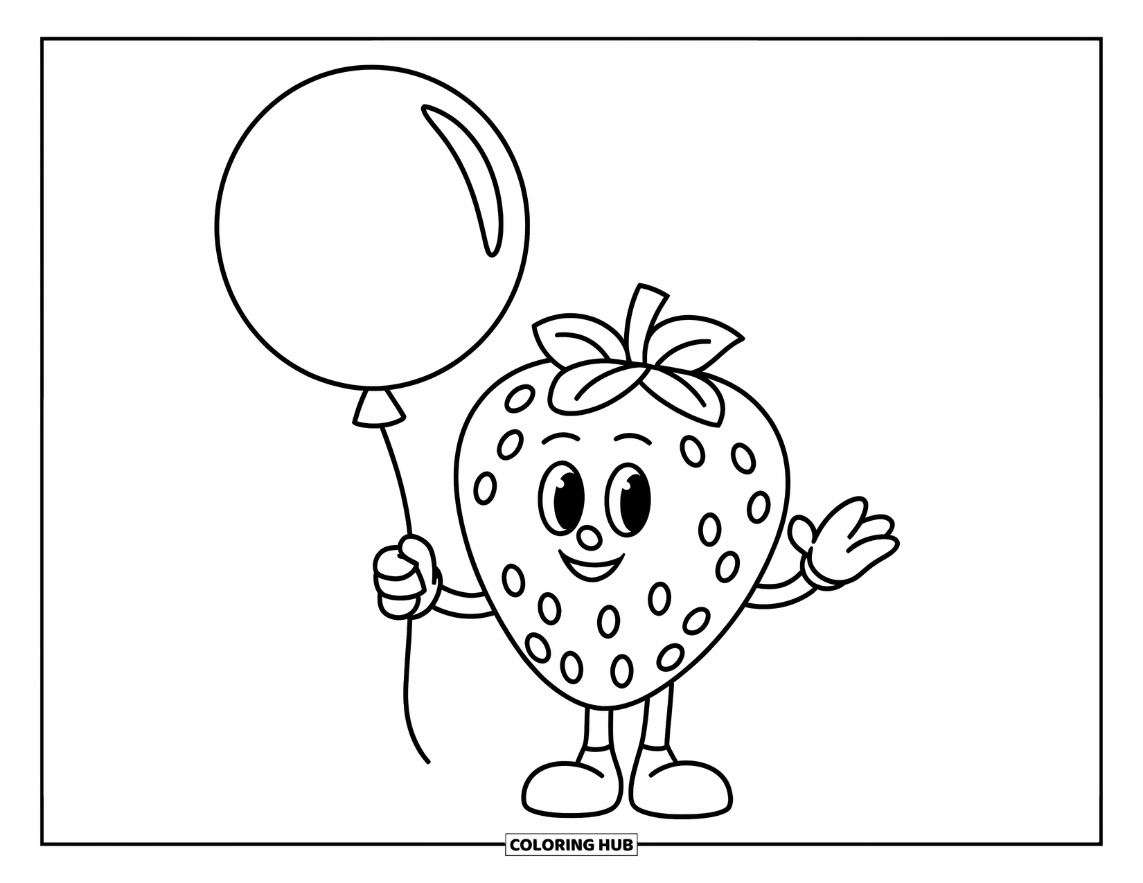 Strawberry Coloring Page for Kids: A smiling strawberry character holds a balloon with playful, bold outlines