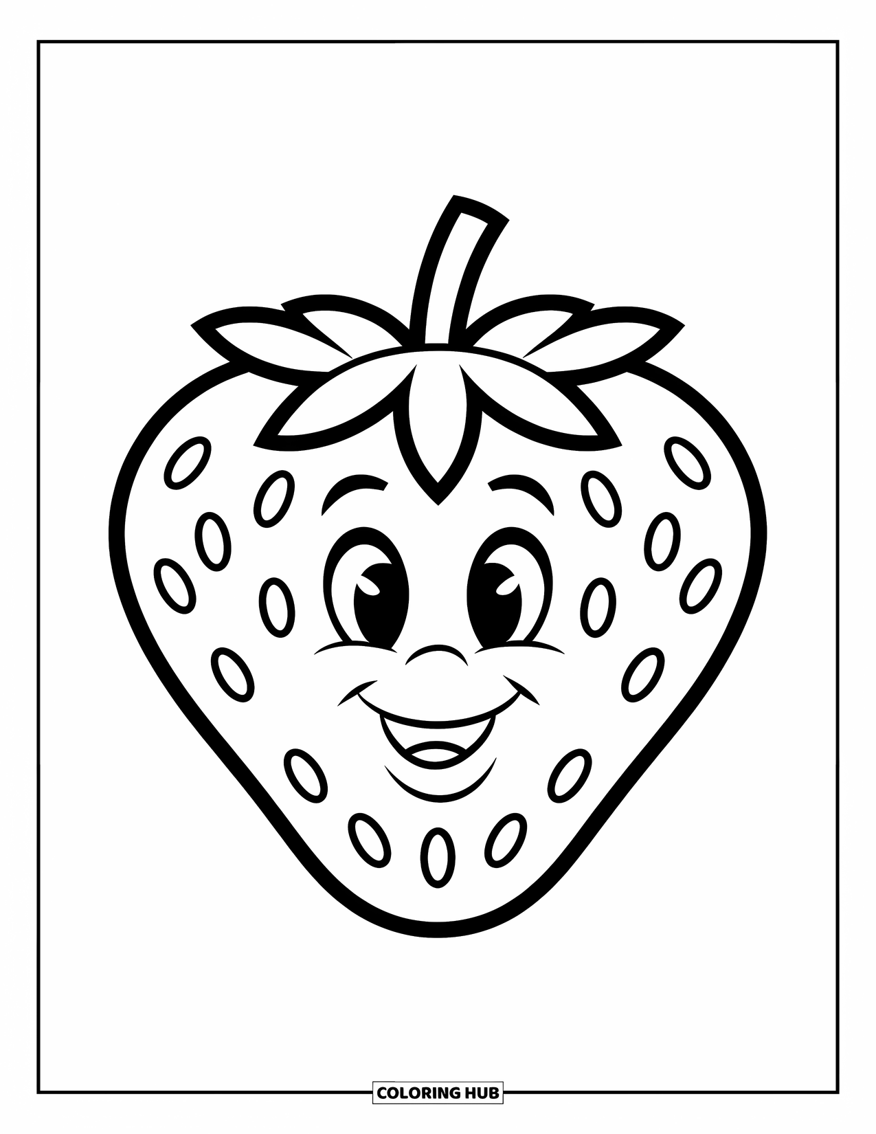 Strawberry Coloring Page for Kids: A smiling strawberry with smooth outlines and no background