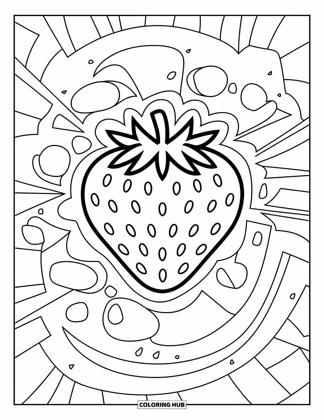 Strawberry Coloring Page for Kids: A strawberry at the center of a design with swirls and geometric shapes