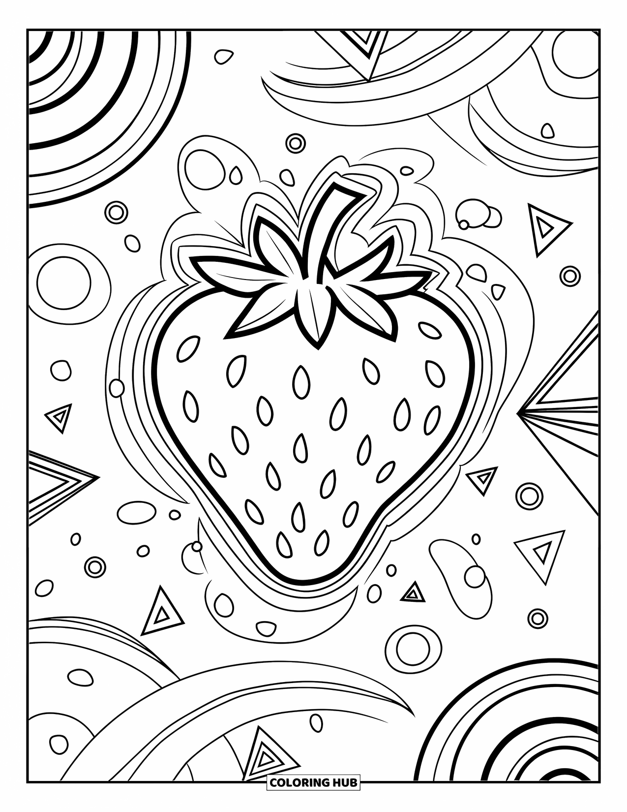Strawberry Coloring Page for Kids: A strawberry framed by swirling patterns, circles, and geometric designs