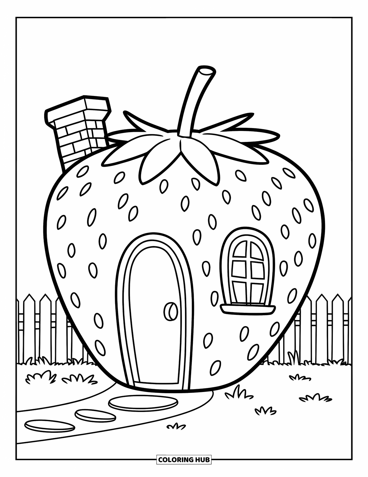 Strawberry Coloring Page for Kids: A strawberry house with a chimney, a door, and a simple grassy yard