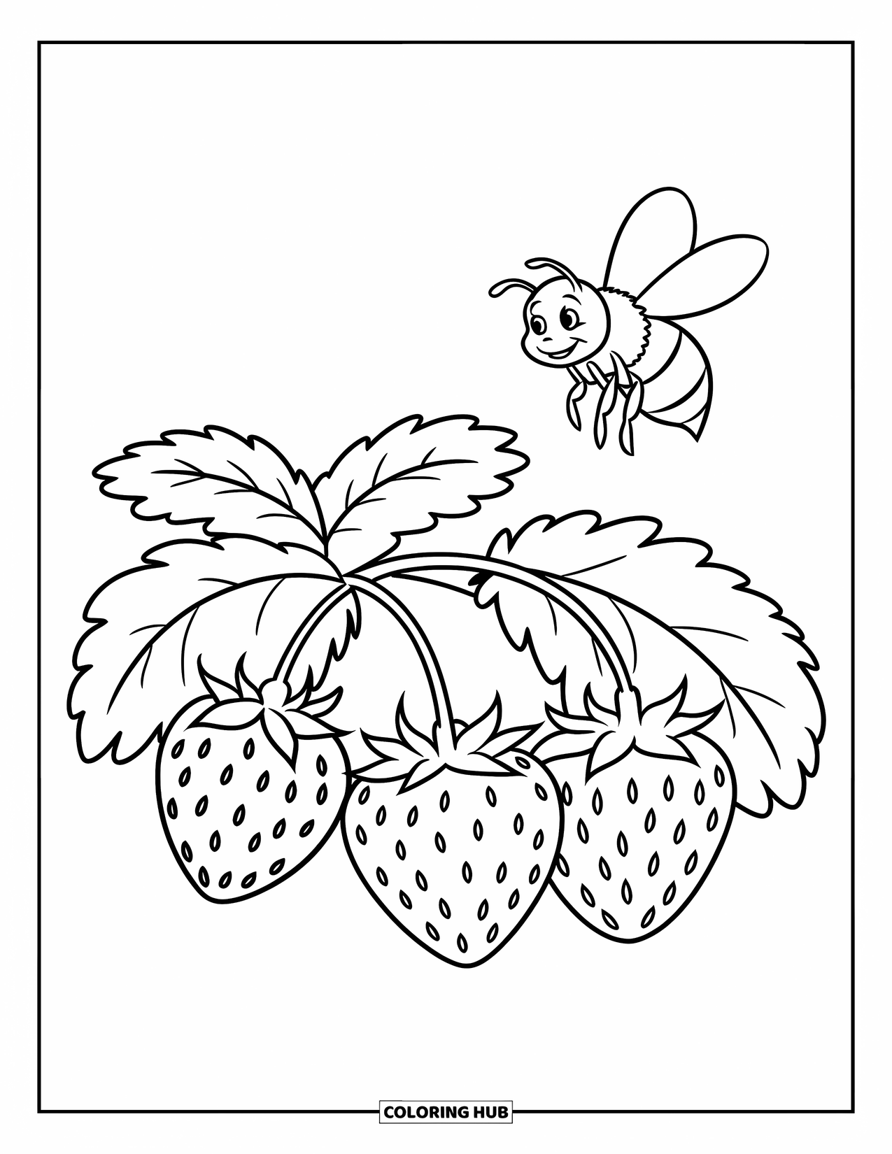 Strawberry Coloring Page for Kids: A strawberry plant with three ripe berries and a little bee flying above