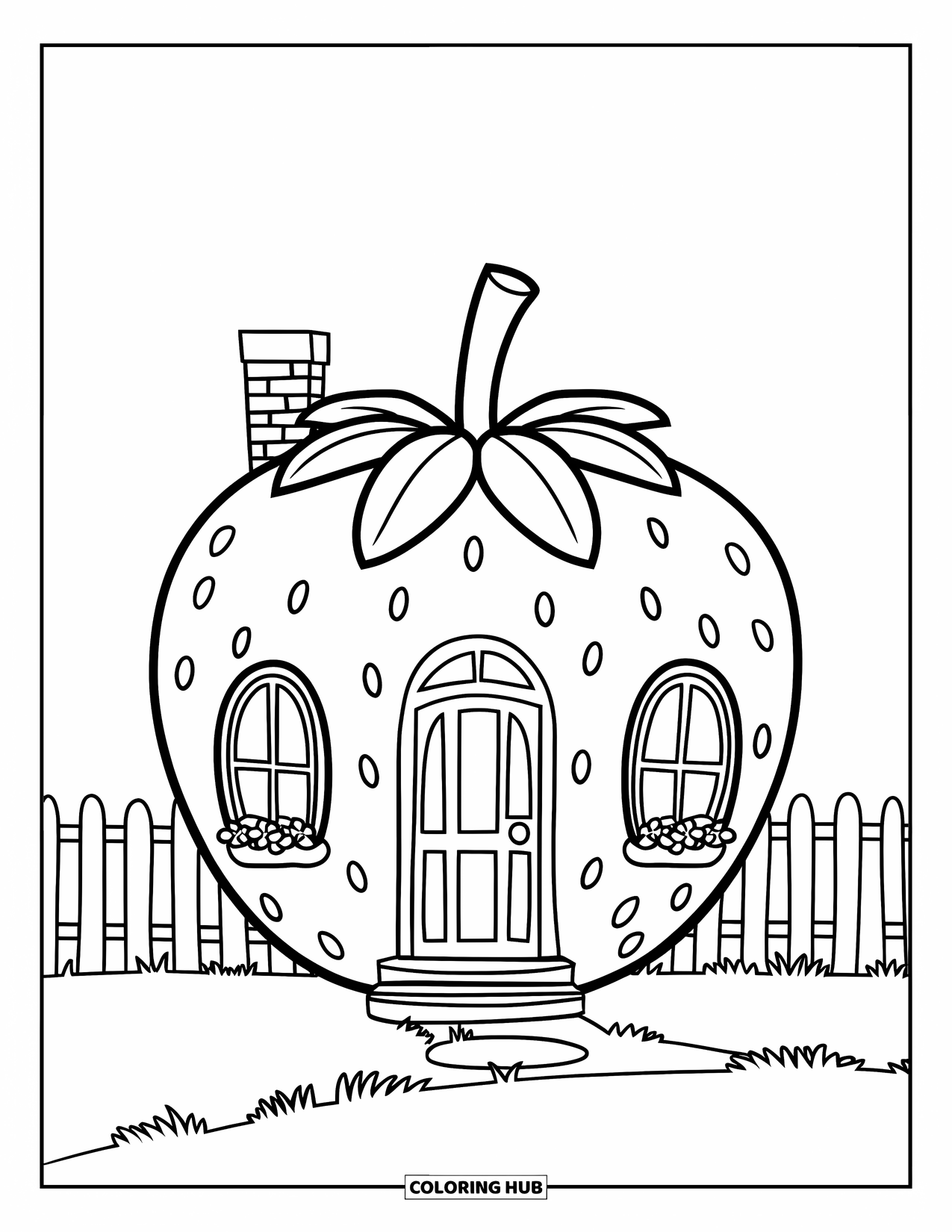 Strawberry Coloring Page for Kids: A strawberry-shaped house with a chimney, a door, and a picket fence around it