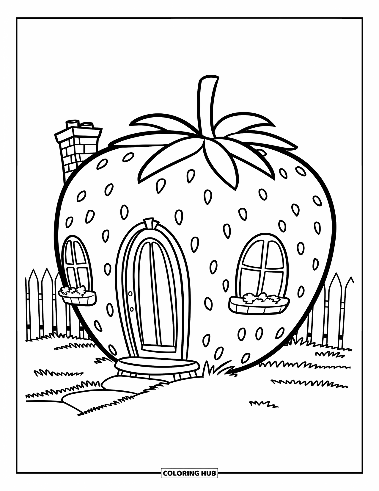 Strawberry Coloring Page for Kids: A strawberry-shaped house with a fence, surrounded by grass and a clear sky