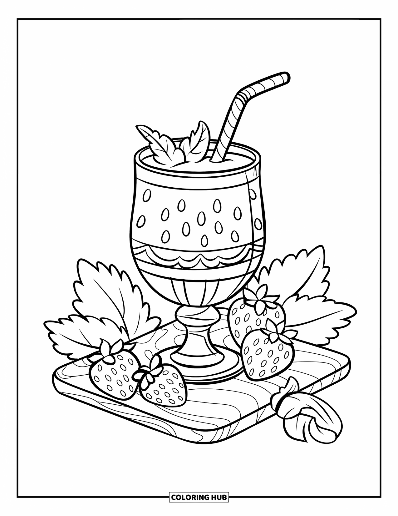 Strawberry Coloring Page for Kids: A strawberry smoothie with a straw, surrounded by fresh strawberries and leaves