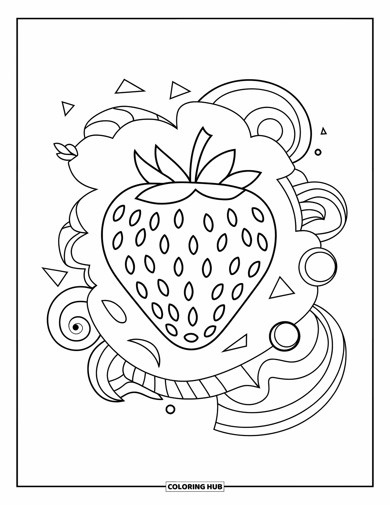 Strawberry Coloring Page for Kids: A strawberry surrounded by abstract swirls and geometric patterns
