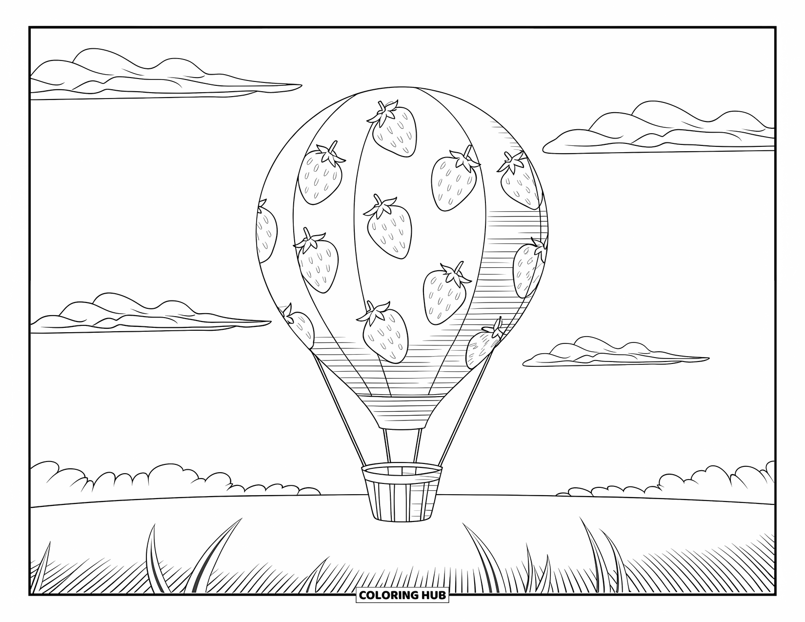 Strawberry Coloring Page for Kids: A whimsical strawberry hot air balloon floats in the sky above an open field