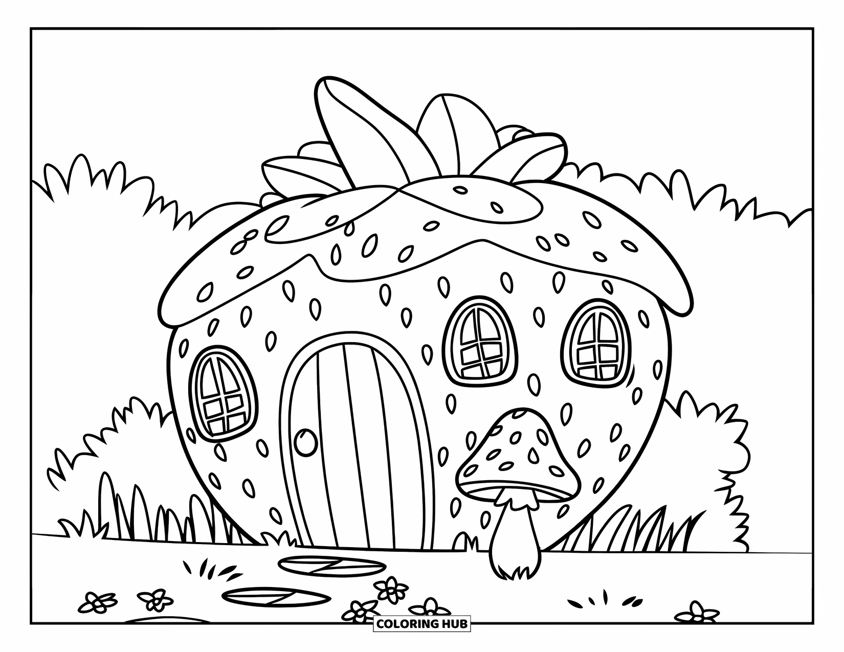 Strawberry Coloring Page for Kids: A whimsical strawberry house with a garden, grass, and a few flowers