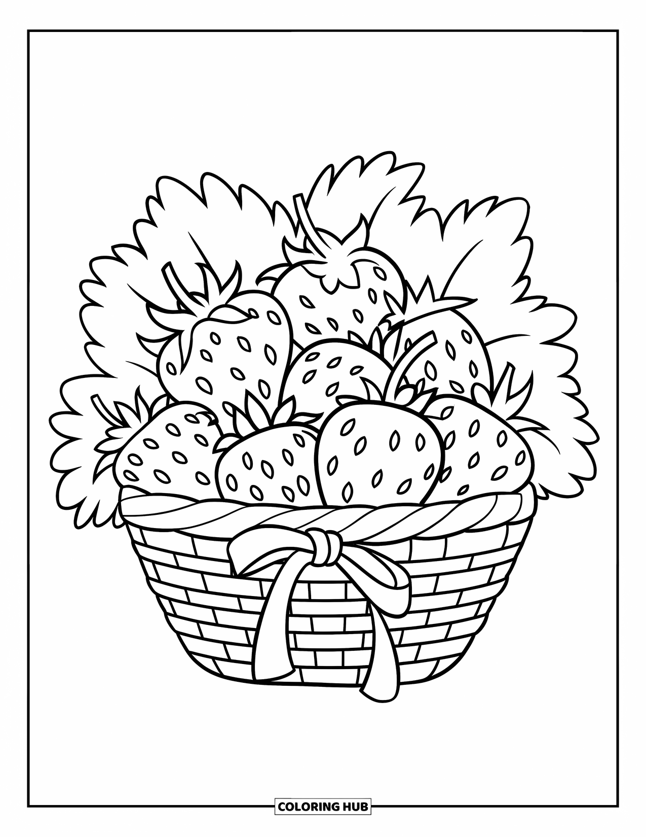 Strawberry Coloring Page for Kids: A woven basket of strawberries with detailed leaves and a tied ribbon