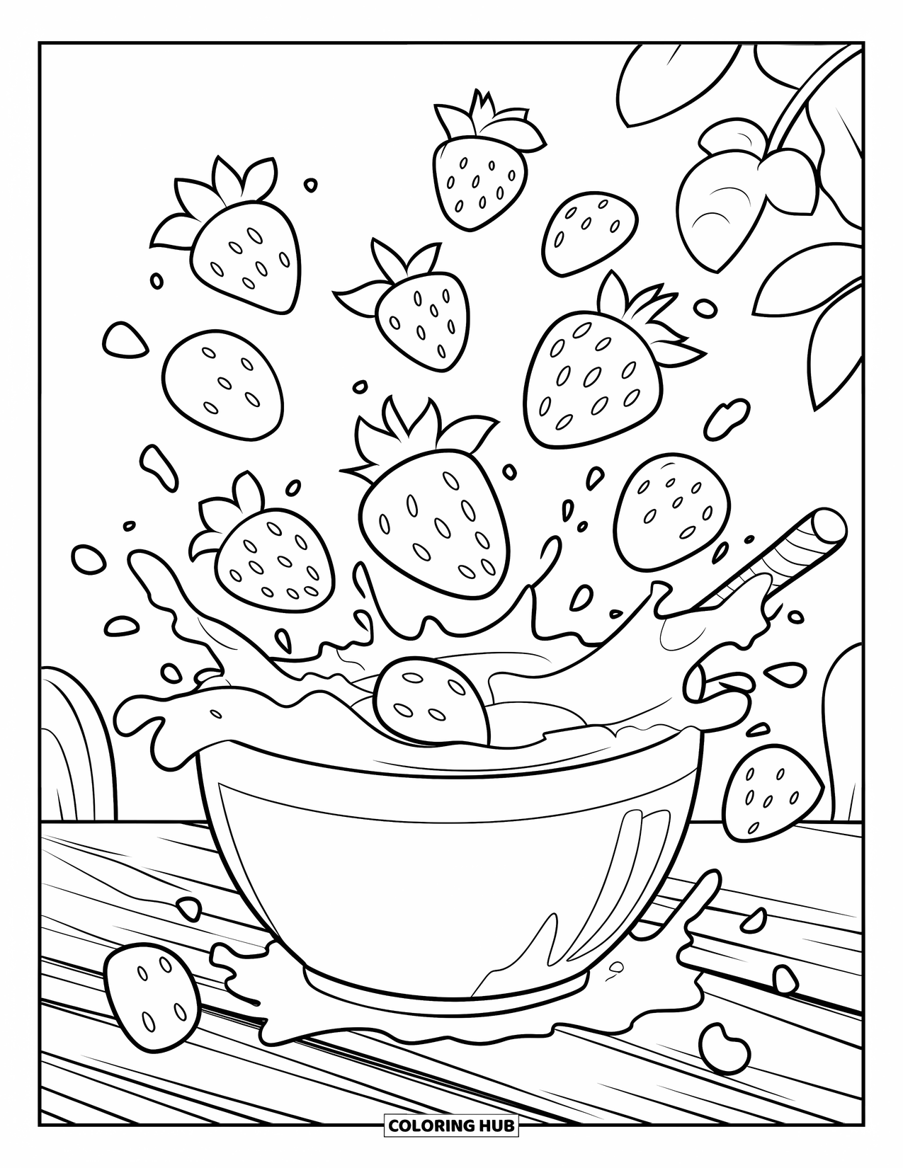 Strawberry Coloring Page for Kids: Strawberries of various sizes splash into a bowl of milk, with droplets flying around