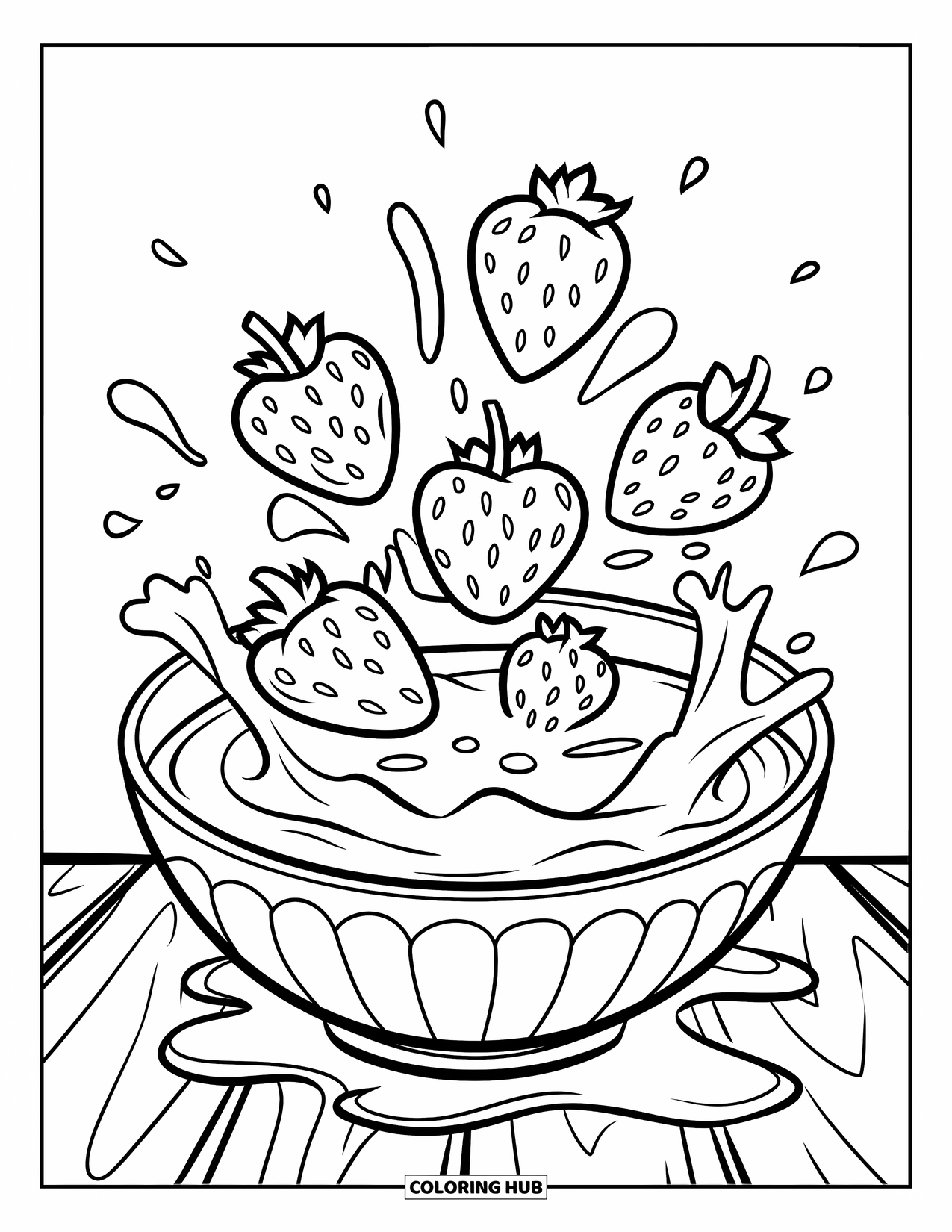 Strawberry Coloring Page for Kids: Strawberries splash into a bowl of milk, creating playful droplets around them