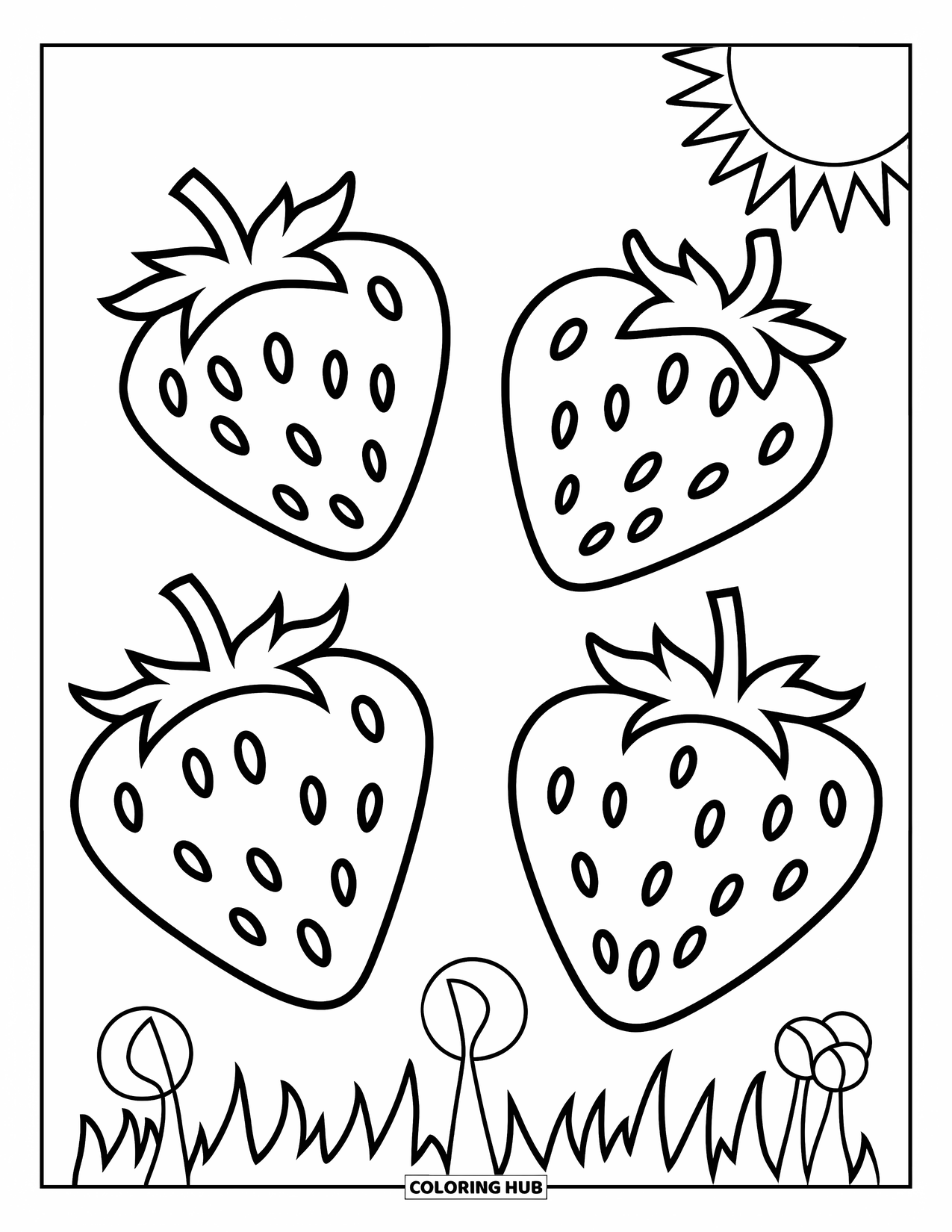 Strawberry Coloring Page for Kids: Three plump strawberries sit on grass, with a small sun shining in the background