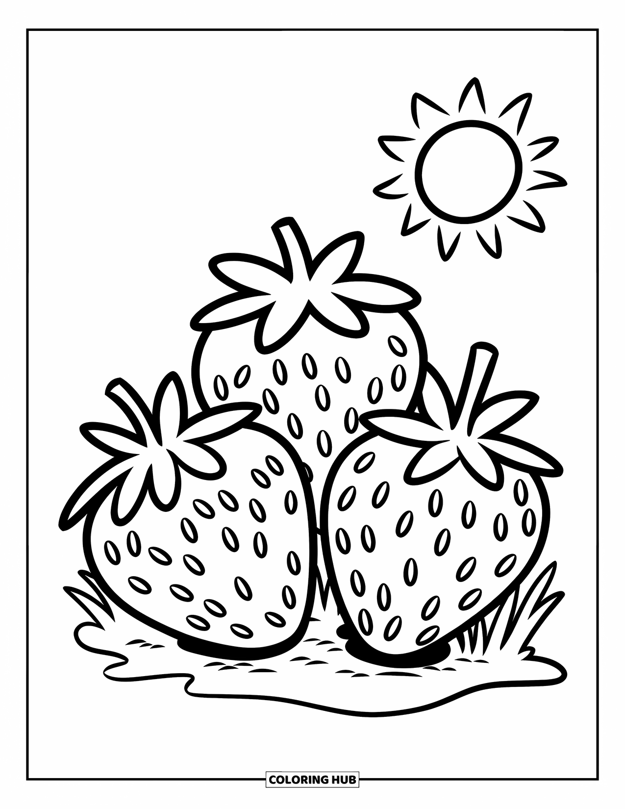 Strawberry Coloring Page for Kids: Three strawberries in a row with grass patches below and a sun above