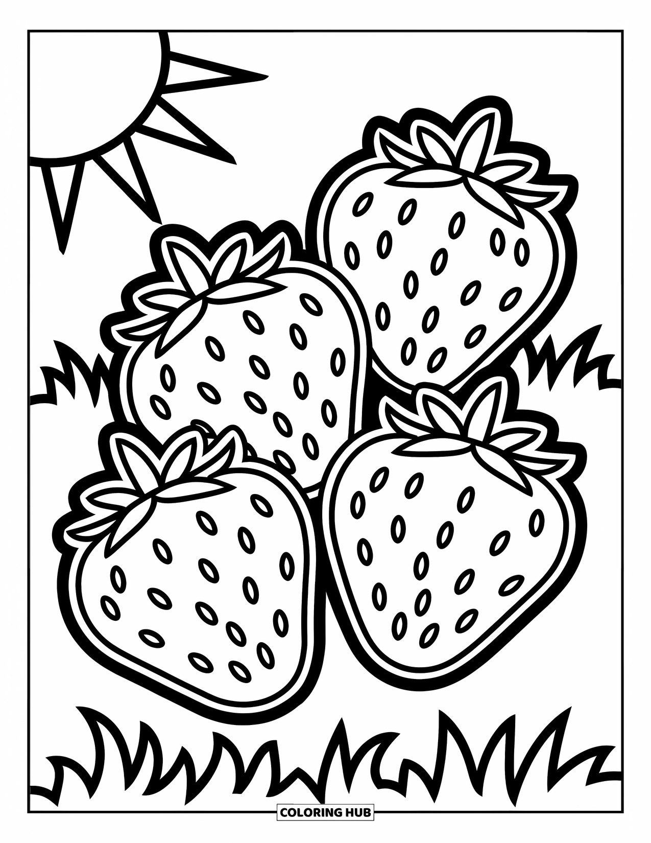 Strawberry Coloring Page for Kids: Three strawberries with bold outlines, a few grass patches, and a bright sun overhead