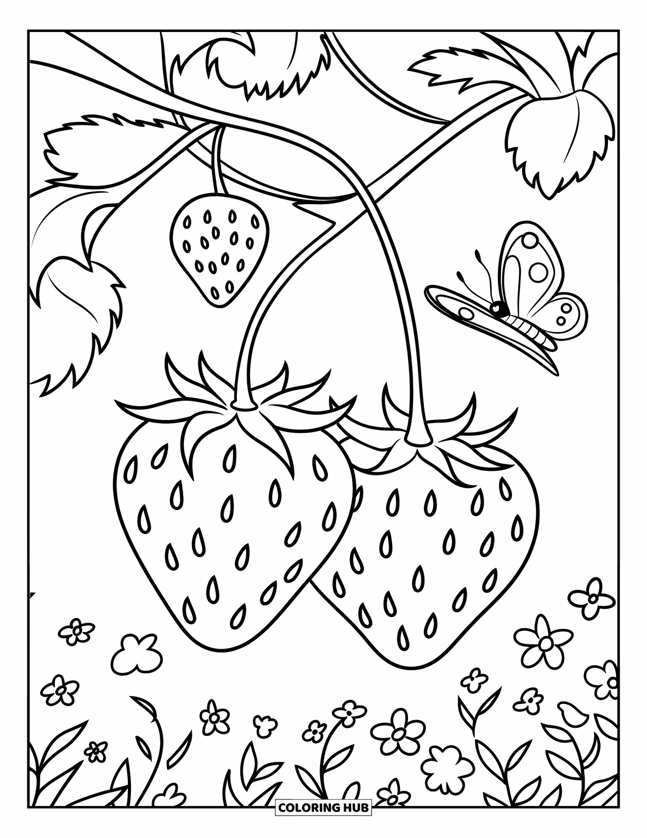 Strawberry Coloring Page for Kids: Two strawberries dangle from a vine, with a butterfly resting nearby
