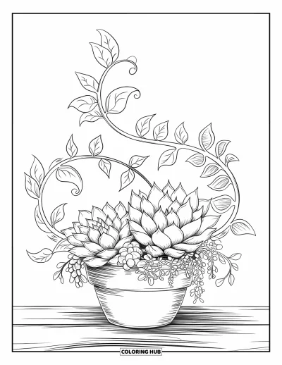 Coloriage de succulentes pour adultes : Un arrangement botanique de succulentes avec des vignes tourbillonnantes et des feuilles délicates remplit l’espace