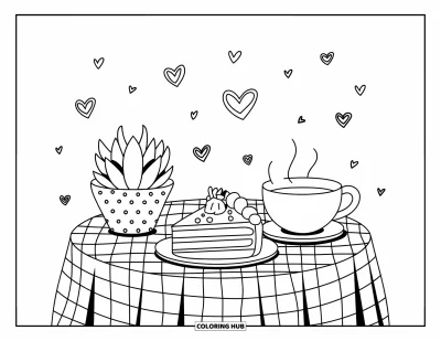 Coloriage de succulentes pour adultes : Une table de café avec une succulente à pois, une part de gâteau et une tasse de thé confortable