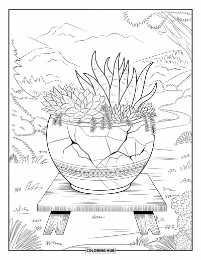 Coloriage de succulentes pour adultes : Un pot sculpté rempli de succulentes repose sur un support en bois dans un paysage serein