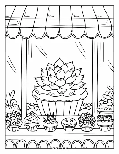 Coloriage de succulentes pour adultes : Une succulente joyeuse est assise dans un pot en forme de cupcake à l’intérieur d’une vitrine de boulangerie