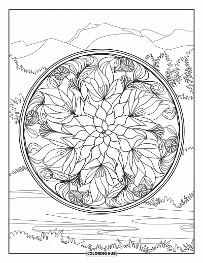 Coloriage de succulentes pour adultes : Un mandala circulaire avec des succulentes, des éléments floraux et des feuilles tourbillonnantes crée un motif relaxant