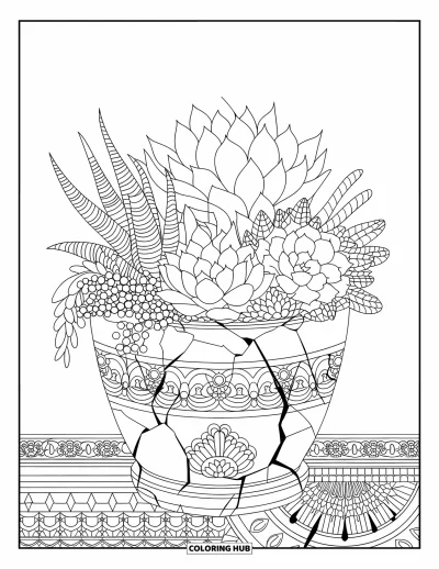 Coloriage de succulentes pour adultes : Une collection de succulentes pousse à l’intérieur d’un pot fissuré sculpté de manière complexe sur une surface texturée