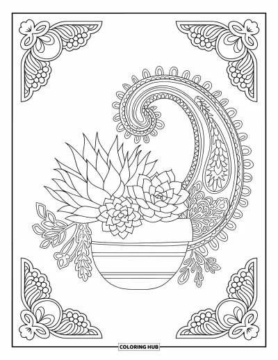 Coloriage de succulentes pour adultes : Une collection de succulentes dans un pot en terre cuite est encadrée par des motifs cachemire et floraux complexes