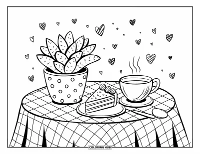 Coloriage de succulentes pour adultes : Une table de café confortable contient une succulente, une tasse de thé et une délicieuse part de gâteau