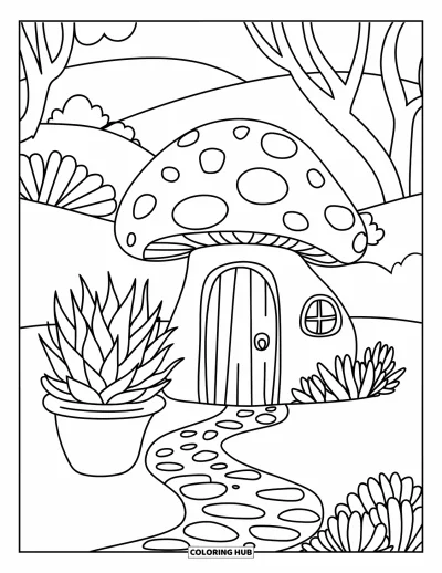 Coloriage de succulentes pour adultes : Une maison de fées succulente confortable est assise parmi de minuscules champignons et des plantes ludiques