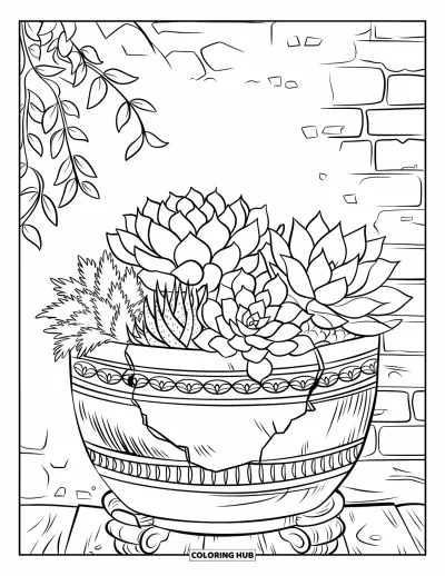 Coloriage de succulentes pour adultes : Un ancien pot fissuré avec des sculptures ornementales déborde de succulentes sur un support en bois rustique