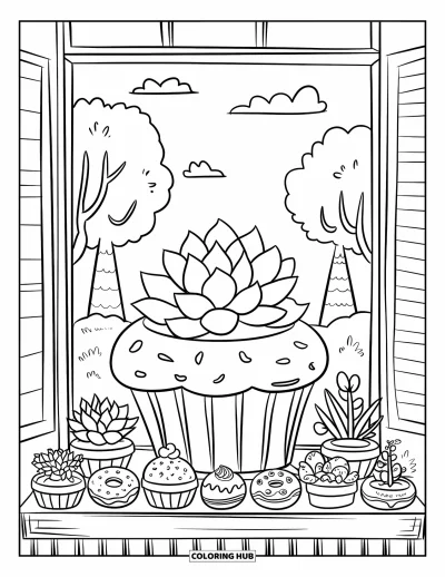 Coloriage de succulentes pour adultes : Un pot en forme de cupcake avec une succulente est assis dans une fenêtre de boulangerie confortable avec de petites gâteries