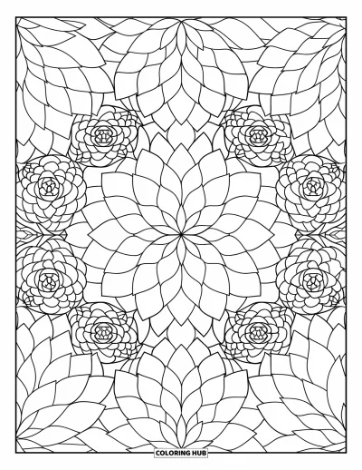 Coloriage de succulentes pour adultes : Un motif de succulentes détaillé rayonne vers l’extérieur dans un motif symétrique parfait avec des contours audacieux