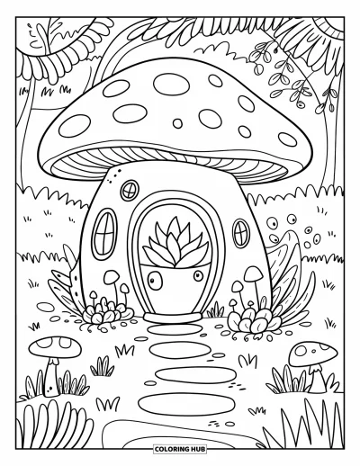 Coloriage de succulentes pour adultes : Une maison de champignons de conte de fées avec des succulentes et de minuscules fenêtres est située le long d’un sentier en pierre