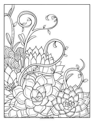 Coloriage de succulentes pour adultes : Un motif botanique fluide avec des succulentes, des vignes tourbillonnantes et des feuilles s’entrelace magnifiquement