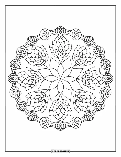 Coloriage de succulentes pour adultes : Une bordure géométrique encadre un motif de succulentes symétrique, créant un motif visuellement complexe