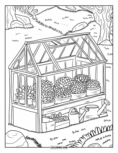 Coloriage de succulentes pour adultes : Une serre remplie de succulentes, de paquets de graines et d’outils de jardinage est située dans un paysage serein