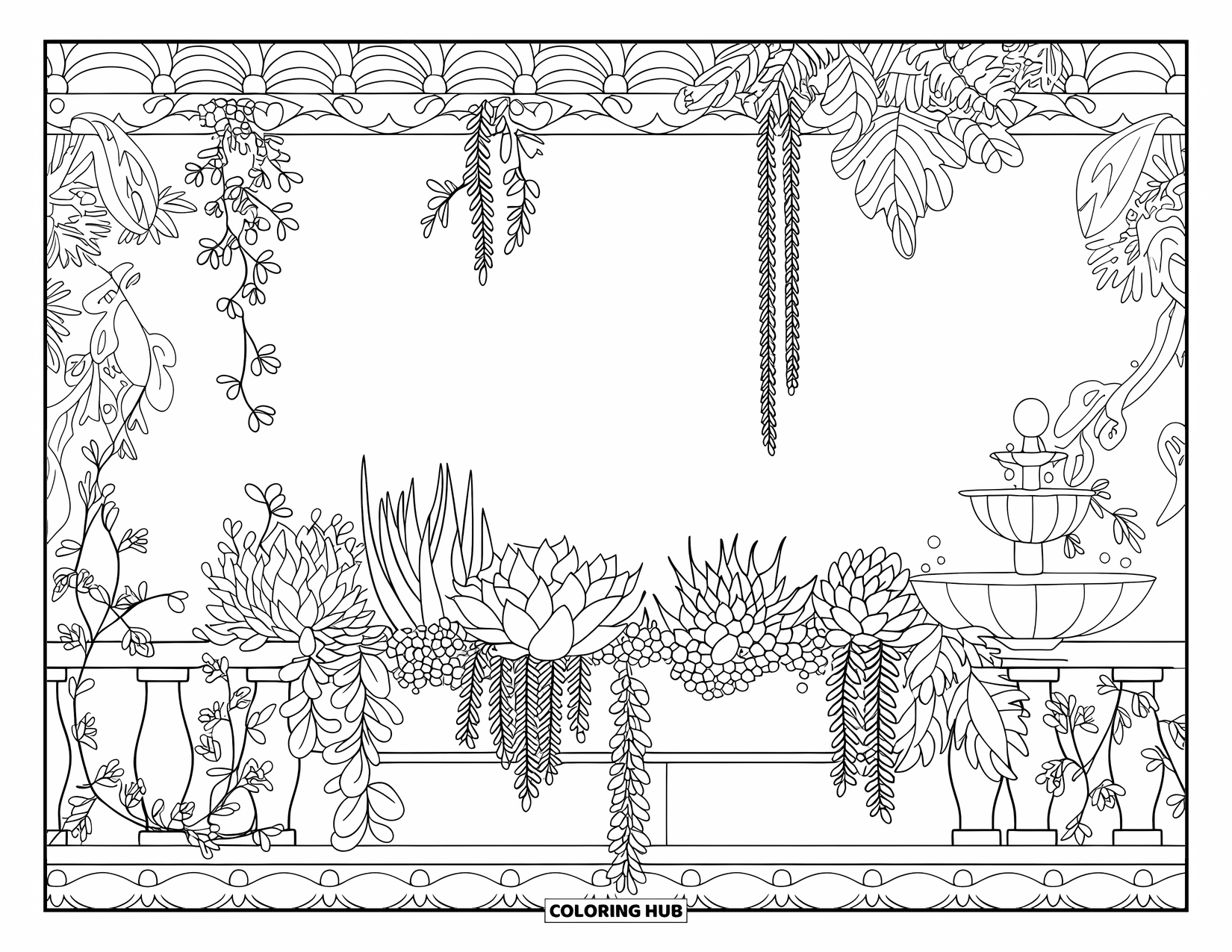 Vetplant Kleurplaat voor Volwassenen: Een luxe balkontuin met vetplanten, klimplanten en een kleine fontein kijkt uit over een schilderachtig uitzicht