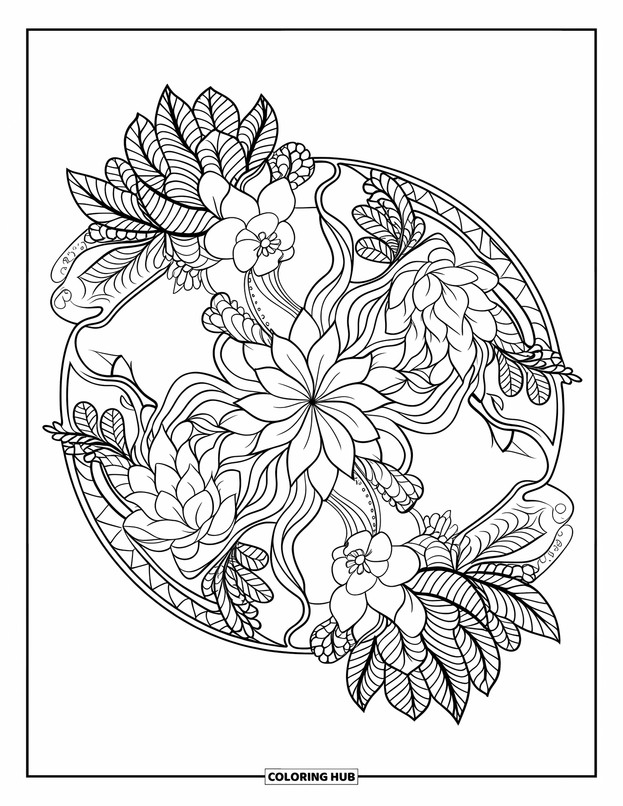 Vetplant Kleurplaat voor Volwassenen: Een mandala-ontwerp met verweven vetplanten, wervelende bladeren en bloemelementen vormt een cirkel