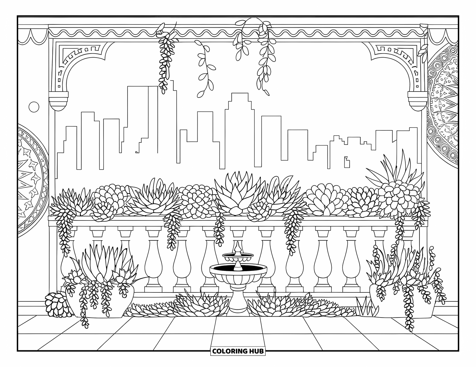Vetplant Kleurplaat voor Volwassenen: Een vredige balkontuin met vetplanten en klimplanten staat tegen een skyline van de stad