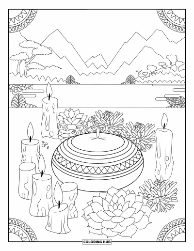 Coloriage de succulentes pour adultes : Une scène de méditation paisible avec des succulentes, des bougies et des pierres zen est posée dans un paysage tranquille