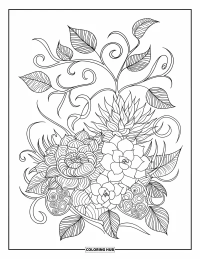 Coloriage de succulentes pour adultes : Un arrangement de succulentes en pot avec des lignes complexes et des vignes bouclées repose sur une surface en bois
