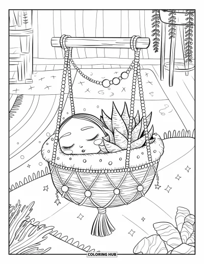 Coloriage de succulentes pour adultes : Une succulente détendue dans une jardinière suspendue tissée se balance doucement avec une chaîne de perles