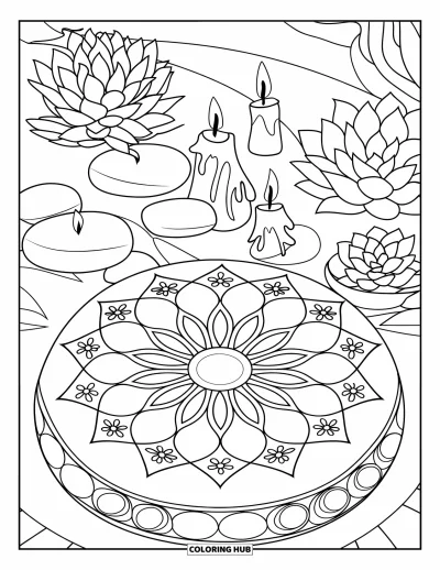 Coloriage de succulentes pour adultes : Un coussin de méditation rond avec des motifs floraux est posé parmi des bougies, des pierres et des succulentes
