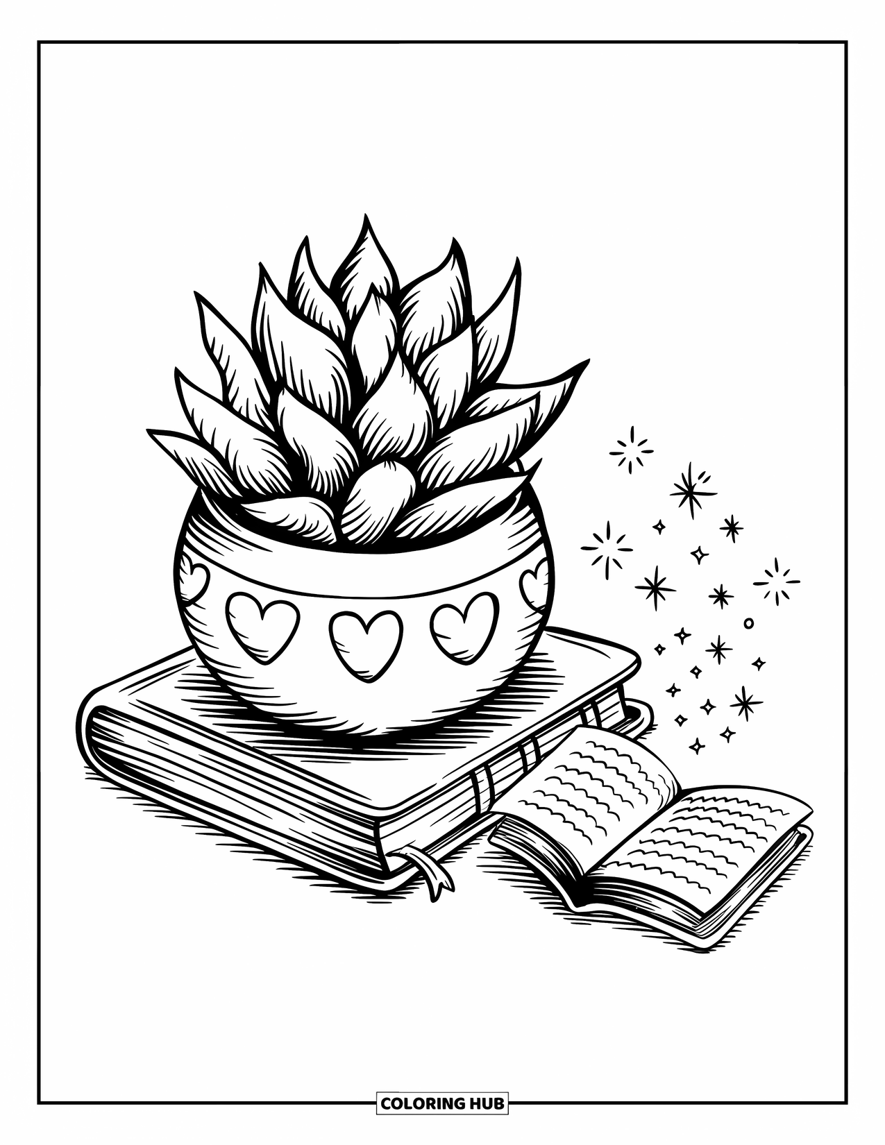 Vetplant Kleurplaat voor Volwassenen: Een ronde pot met hartgravures bevat een glimlachende vetplant die op een stapel boeken staat