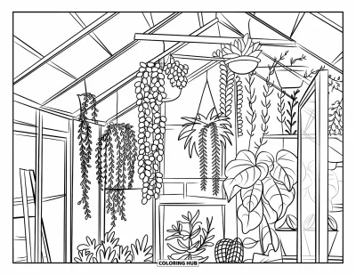 Coloriage de succulentes pour adultes : Une serre rustique avec des vitres transparentes abrite des succulentes suspendues et des plantes luxuriantes