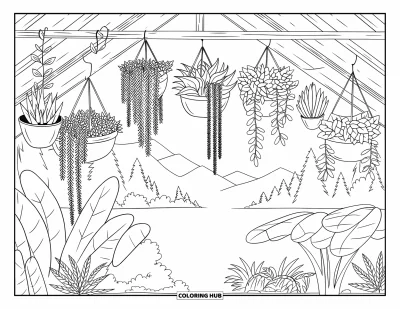 Coloriage de succulentes pour adultes : Une serre sereine avec un toit de chaume déborde de succulentes, de lierre et de verdure vibrante