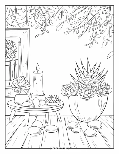 Coloriage de succulentes pour adultes : Un espace de méditation serein avec une bougie, des succulentes et des pierres zen repose sur un plancher en bois