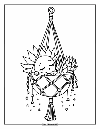 Coloriage de succulentes pour adultes : Une succulente endormie se niche dans une jardinière suspendue tissée, entourée d’étoiles et de perles pendantes